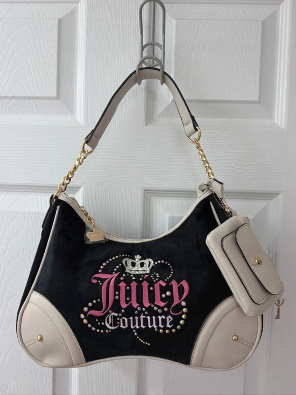 Juicy Couture Black and Cream Logo Shoulder Bag with Pink Script
